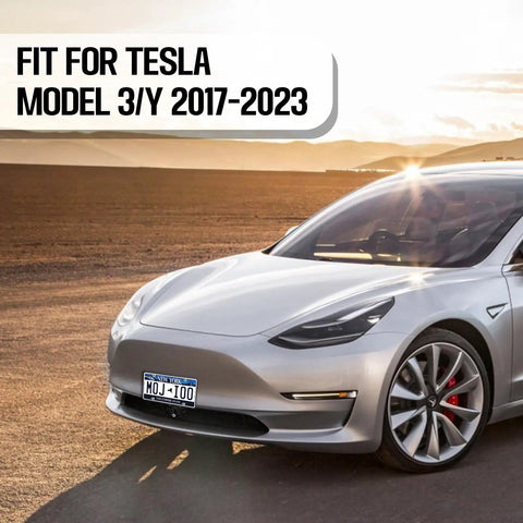 Silver Tesla Model 3 with No Drill Front License Plate Holder For Tesla Model 3 And Model Y 2017 To 2024 With Safety Design.