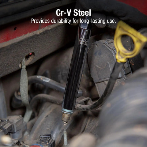 Extra Deep Spark Plug Socket Three Eighths Drive Nine Sixteenths Size CRMO Alloy Steel shown in automotive engine use