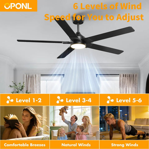 52 Inch Ceiling Fan With Lights And Remote, Black Finish, Reversible 5 Blade Design in a living room with speed settings.