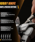 Total Game Changer Kit With Pin Vise And Ten Micro Bits And Hobby Knife And Sanding Sticks And Cleaning Cloth For Crushing Gunpla Miniature And Resin Projects That Look Totally Fresh, showcasing precise hobby knife cutting a model.