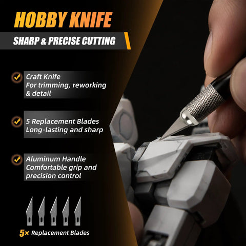 Total Game Changer Kit With Pin Vise And Ten Micro Bits And Hobby Knife And Sanding Sticks And Cleaning Cloth For Crushing Gunpla Miniature And Resin Projects That Look Totally Fresh, showcasing precise hobby knife cutting a model.
