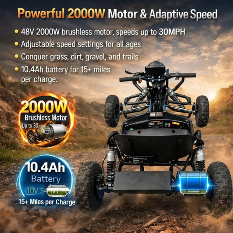 Electric Go Kart For Teens And Adults With 48V 2000W Motor, Off Road Adrenaline Ride Reaching 31 MPH, front view with rugged terrain