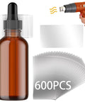 600 Pack Clear Heat Shrink Bottle Seals For Essentials Oils Droppers And Test Tubes Easy To Use Tamper Proof Shrink Bands Fits 1.8 X 1.2 Inch Caps Ideal DIY Bottling And Bottles Wrap Pro Grade, clear PVC band on amber dropper bottle