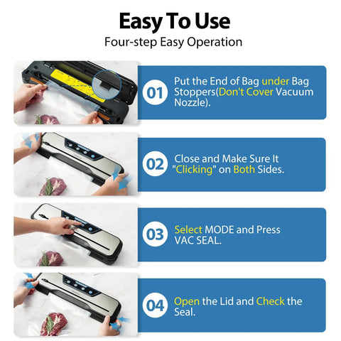 All In One Automatic Food Vacuum Sealer With 8 In 1 Functions, step-by-step sealing instructions guide, stainless steel