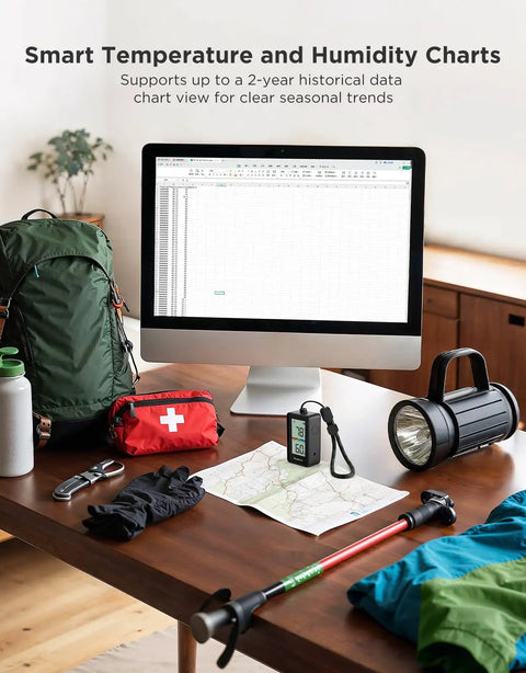 Digital display showcasing 2-In-1 Indoor Outdoor Thermometer Hygrometer With IP65 Waterproof Rating, surrounded by camping gear.