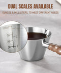 2 Piece Espresso Cup Set With Handle For Barista Level Pouring, 3.4 Oz Stainless Steel Cups With Dual V Shaped Spouts, silver with wooden handle, showing dual scales for precise, drip free pouring.