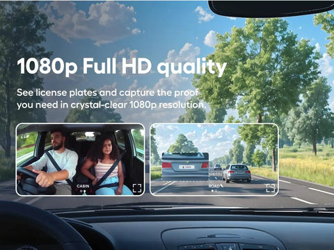 Pro Dash Camera For Cars With Dual Front And Cabin View Night Vision 24 Seven Parking Mode Full HD Dashboard Camera With WiFi Wide Angle 128 GB Storage showcasing 1080p quality, capturing inside cabin and road view.