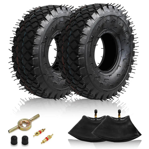 Two Pack 4.10/3.50-4 Tire And Inner Tube With Bent Valve Stem For Lawn Mowers Garden Rototillers Snow Blowers Hand Trucks And Wheelbarrows Heavy Duty Replacement Tubes Set