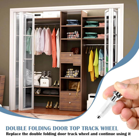 Spring Loaded DIY-Friendly Bi-Fold Door Hardware Kit With Top Roller Guide Wheels And Pivots For Folding Closet Doors, Bifold Repair Set, Durable Nylon And Stainless Steel Construction, Waterproof And Moisture-Proof, 4-Piece Pack installed in closet