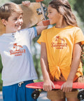 Kids in summer-themed T-shirts holding skateboards, showcasing Light T Shirt Heat Transfer Paper Pack 10 Sheets 8.5x11 Printable HTV.