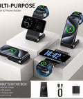 MagSafe 3 In 1 Travel Wireless Charger With Light For iPhone 17 16 15 14 13 12 Pro Max Smartwatch And Wireless Earbuds Foldable Portable Desk Dock displayed with device compatibility and accessories.