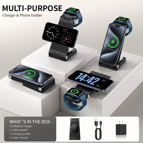MagSafe 3 In 1 Travel Wireless Charger With Light For iPhone 17 16 15 14 13 12 Pro Max Smartwatch And Wireless Earbuds Foldable Portable Desk Dock displayed with device compatibility and accessories.