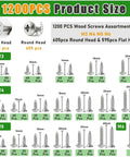 Image displaying Stainless Steel Wood Screws Set 1200 Pcs, including M3, M4, M5, M6 sizes with 605 round head and 595 flat head for projects.