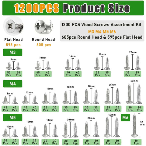 Image displaying Stainless Steel Wood Screws Set 1200 Pcs, including M3, M4, M5, M6 sizes with 605 round head and 595 flat head for projects.