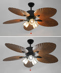 52" Tropical Ceiling Fan with Light, Indoor Outdoor Palm Leaf Ceiling Fan, showing lighted and unlighted views, with large palm leaf blades.
