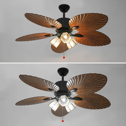 52" Tropical Ceiling Fan with Light, Indoor Outdoor Palm Leaf Ceiling Fan, showing lighted and unlighted views, with large palm leaf blades.