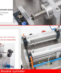 Close-up of the double cylinder design of the Top Shelf Double Head Pneumatic Piston Bottle Filler Built Tough Stainless Steel Liquid Dispenser.