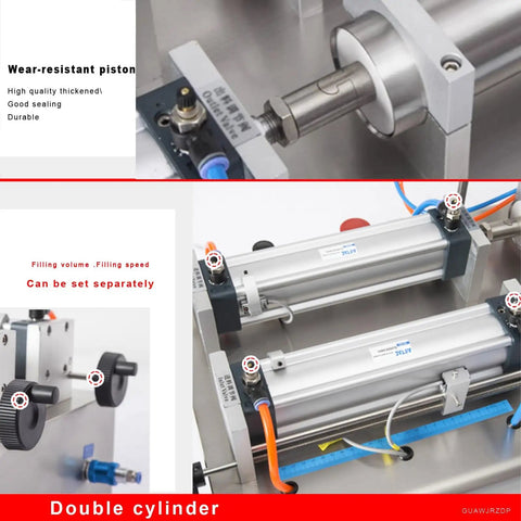 Close-up of the double cylinder design of the Top Shelf Double Head Pneumatic Piston Bottle Filler Built Tough Stainless Steel Liquid Dispenser.
