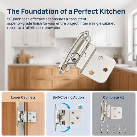 Top Shelf 3 8 Inch Inset Cabinet Hinges Satin Nickel Self Closing Semi Concealed Face Mount Kitchen Hardware With Screws Bulk 25 Pairs Built Different Smooth Operation close-up view showing hinge detail.