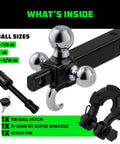What's inside the all in one tri ball trailer hitch mount with locking pin and D ring shackle for two inch receiver recovery hook