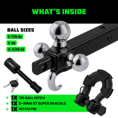 What's inside the all in one tri ball trailer hitch mount with locking pin and D ring shackle for two inch receiver recovery hook