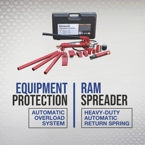 Heavy Duty Hydraulic Portable Ram Kit 4 Ton Capacity 17 Piece Set High Grade Steel Built Like A Tank Top Shelf Rust Resistant Coating Auto Return Pump For Rough Shop Work And Heavy Lifts