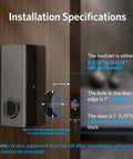 Installation guide for Smart Keyless Door Lock With Bluetooth App Control, showing measurements for backset and door thickness.