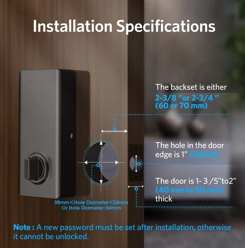 Installation guide for Smart Keyless Door Lock With Bluetooth App Control, showing measurements for backset and door thickness.