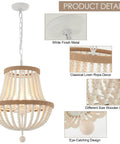 3 Light Boho Farmhouse Chandelier With Wood Bead Pendant Light showing wood bead and linen rope details