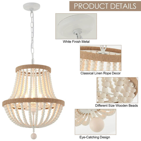 3 Light Boho Farmhouse Chandelier With Wood Bead Pendant Light showing wood bead and linen rope details