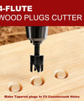 4-flute wood plugs cutter drilling into wood, part of 15-Piece Countersink Drill Bit Set With Adjustable Tapered Countersinks Wood Plug Cutters Magnetic Extension Bit Holder Depth Stop Rings 1/4 Inch Hex Shank PH1 PH2 Screwdriver Bits Allen Key And Storage Case For DIY Woodworking.