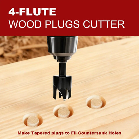 4-flute wood plugs cutter drilling into wood, part of 15-Piece Countersink Drill Bit Set With Adjustable Tapered Countersinks Wood Plug Cutters Magnetic Extension Bit Holder Depth Stop Rings 1/4 Inch Hex Shank PH1 PH2 Screwdriver Bits Allen Key And Storage Case For DIY Woodworking.