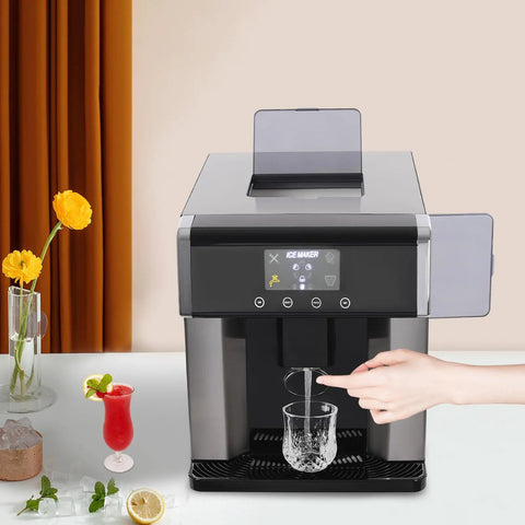 Dual Action Countertop Ice Maker And On Tap Cold Water Dispenser With Smooth Lcd Controls For Rapid Bullet Cube Crafting being used to dispense water into a glass.