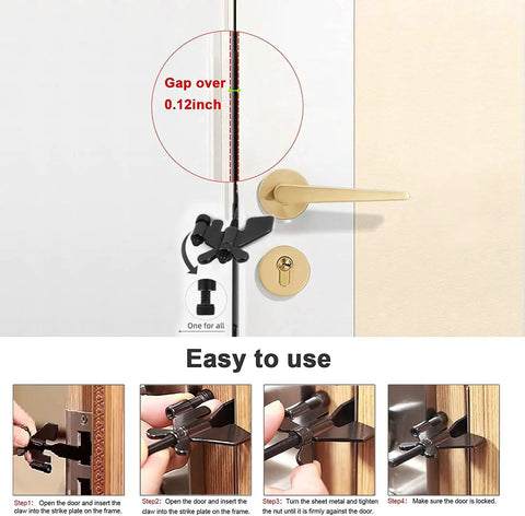Instructional image showing installation of Heavy Duty Adjustable Portable Door Lock For Home, Hotel, Airbnb And Dorm on a door.