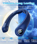 Neck Fan With LED Display And Hands Free Design, Five Speed Bladeless Personal Cooler with battery life display, blue color.