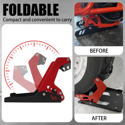 Foldable Heavy Duty Motorcycle Wheel Chock Transport Stand With 1800 Lbs Adjustable Capacity Universal 8 To 21 Inch Wheels
