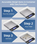 Digital Gram Scale 0.01g Precision Pocket Sized Kitchen Jewelry Scale 0.3g To 500g For Gold Coins Coffee Powder With 9 Units 2 Trays And 2 AAA Batteries Black Design tare function steps