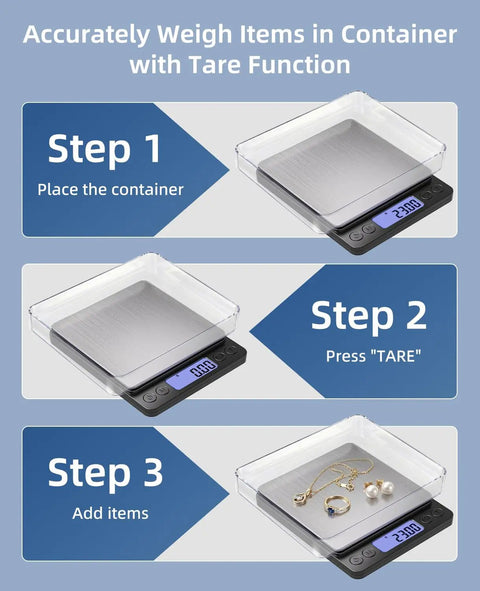 Digital Gram Scale 0.01g Precision Pocket Sized Kitchen Jewelry Scale 0.3g To 500g For Gold Coins Coffee Powder With 9 Units 2 Trays And 2 AAA Batteries Black Design tare function steps