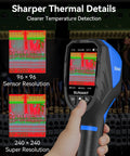 Handheld Workhorse Thermal Imaging Camera With 240X240 IR Resolution, 25Hz Refresh Rate, held in hand showing thermal images.