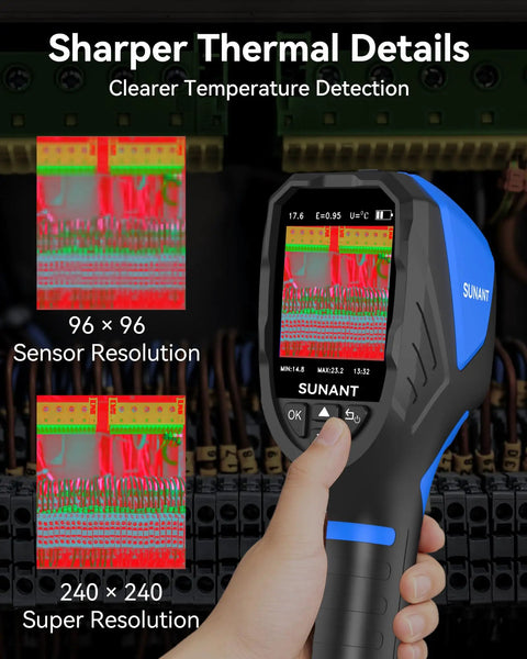 Handheld Workhorse Thermal Imaging Camera With 240X240 IR Resolution, 25Hz Refresh Rate, held in hand showing thermal images.