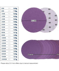 Top Shelf 5 Inch Sanding Discs With Hook Loop Backing For Super Fast Changes On Wood Furniture Metal Grinding And Auto Polishing Projects In 60 To 10000 Grit Range Including Pro Grade 20 Pack, purple sanding discs displayed with grit numbers.