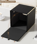 Black Square PU Leather Tissue Box Cover With Gold Tone Edging Luxury Vibe for living room shown with open magnetic bottom