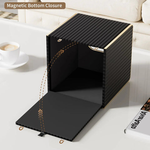 Black Square PU Leather Tissue Box Cover With Gold Tone Edging Luxury Vibe for living room shown with open magnetic bottom