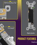 Single Pole Toggle Light Switch 15A 120 To 277V Residential Grade UL Listed with grounding screw, front and side view.