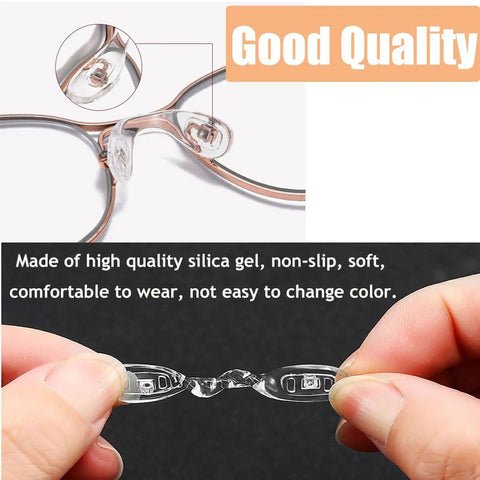 5 Piece Screw In U Shaped Eyeglass Nose Pads Super Comfy Hella Soft Silicone on glasses, showing clear silicone material and fit.