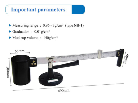 Mud Testing Kit For Slurry Viscosity, Density And Sand Content with measuring range and dimensions displayed, NB-1 Hydrometer.