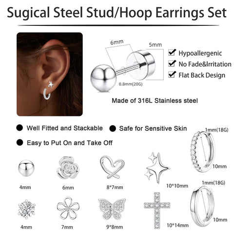 Hypoallergenic Surgical Steel Flat Back Earrings Set For Women And Girls 10 Pairs Of Cute Studs Huggie Hoops And CZ Hoop Staples With Balls Hearts Stars And Flowers Comfy All Day Jewelry Collection, 316L steel 10mm