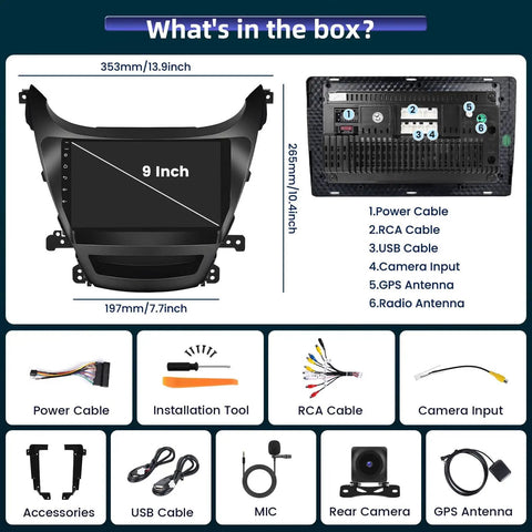 Hyundai Elantra 2014 2015 2016 Android Car Stereo 9 Inch Touchscreen With Wireless CarPlay And Android Auto GPS Navigation WiFi Bluetooth Backup Camera Steering Wheel Controls Dash Kit Mic HD Radio Easy Plug And Play Install components
