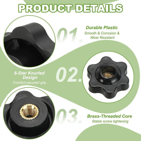 Heavy Duty Plastic Clamping Knob With Brass Core, Screw On Star Knob, M5 Female Thread, Knurled Hex Head, Grippy Fit Details