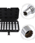7 Piece Spark Plug Socket Set With 3/8 Inch Drive Including 14mm 16mm 18mm 21mm 9/16 13/16 3/4 Sockets Magnetic Thin Wall Steel Case Included For Car Engine Maintenance in open black case with detail views.